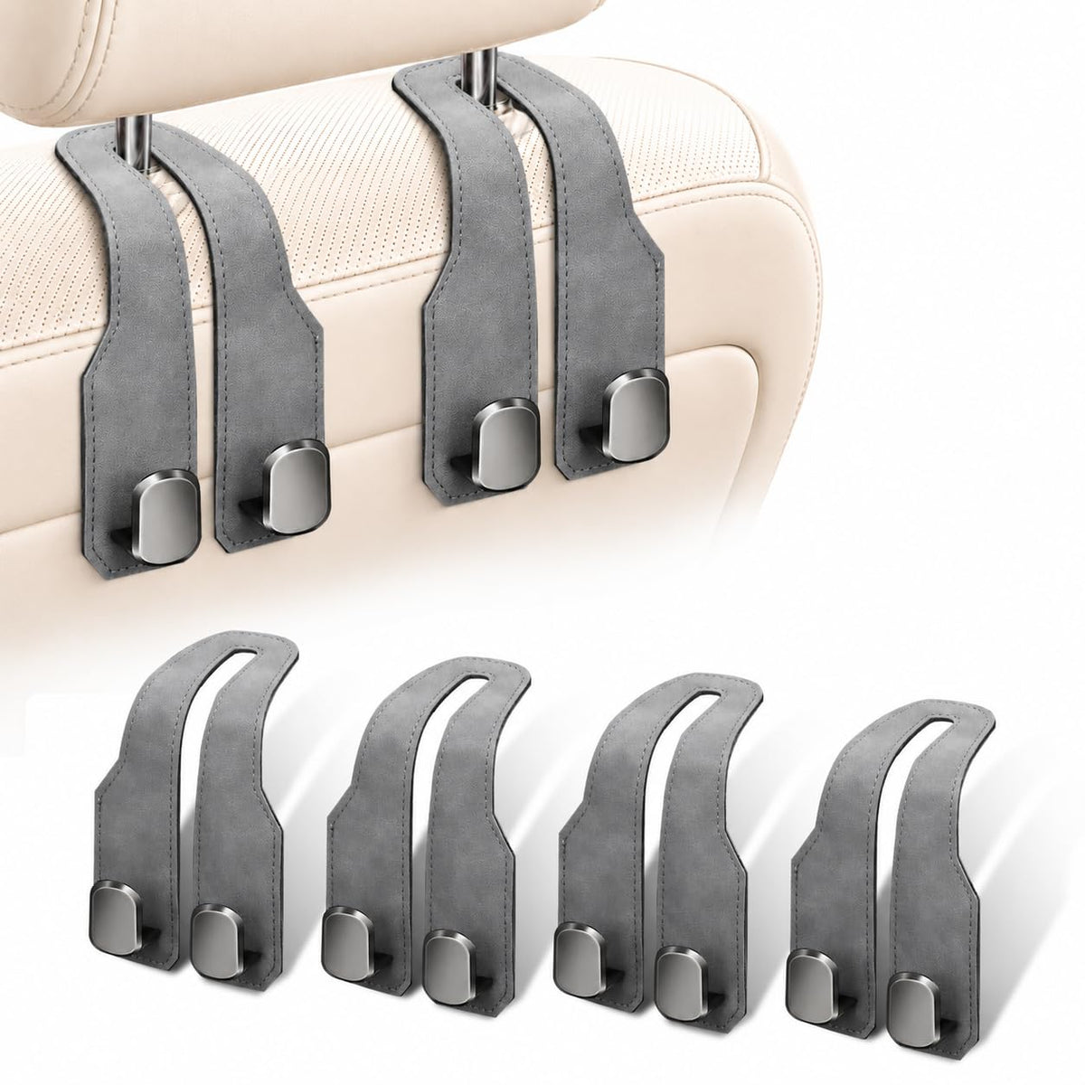 2 Pack Car Headrest Hooks, Dual Metal Hooks, Stylish Black
