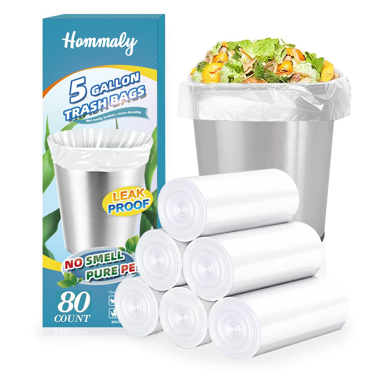 Hommaly 2 Gallon (1.8-2 Gal)120 pcs Small Clear Trash Bags, Strong 1.8 Gallon Garbage Bags, Bathroom Trash Can Bin Liners Unscented, Mini Plastic Bags for Office, Waste Basket Liner,Fit 6,7,8 Liters