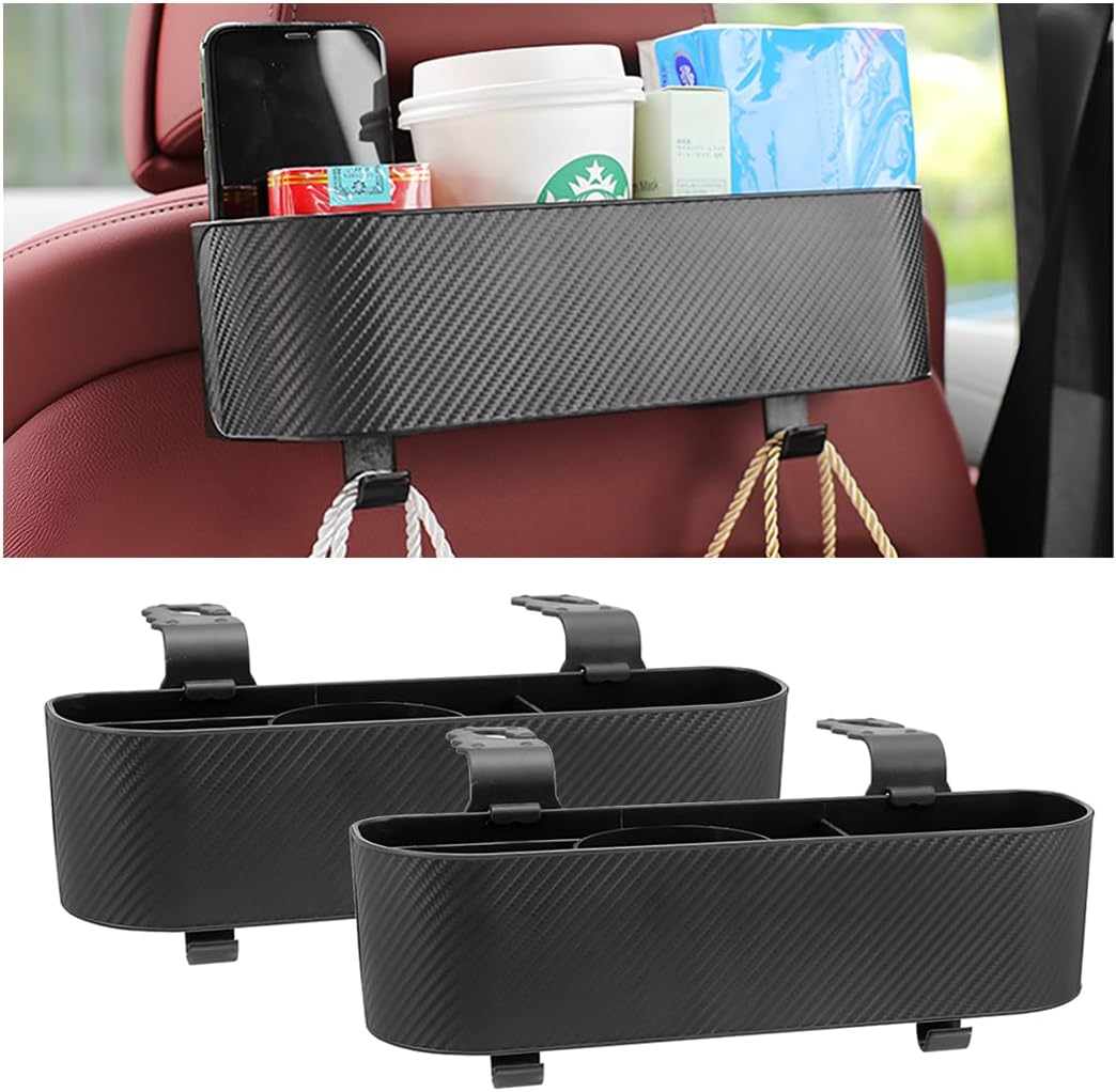 BELOMI 2PCS Car Headrest Backseat Organizer with Cup Holder, Seat Back Hanging Storage Box with Hooks, Multi-Functional Drink Pocket Food Snack Phone Tray for Kids, Car Travel Accessories(Black/2PCS)