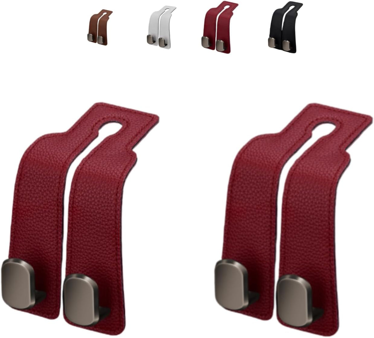 Coozyland Car Hooks, Coozy Land Metal Multi-Function Leather Car Headrest Hooks, Universal Double Hook Car Seat Back Storage Hooks for Wallets, Handbags, Bottles, Trash Bags, etc (Red 2-Pack)