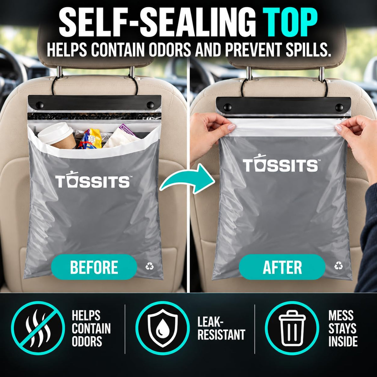 Tossits Hanging Car Trash & Garbage Bags, Disposable, Gray 7 Count