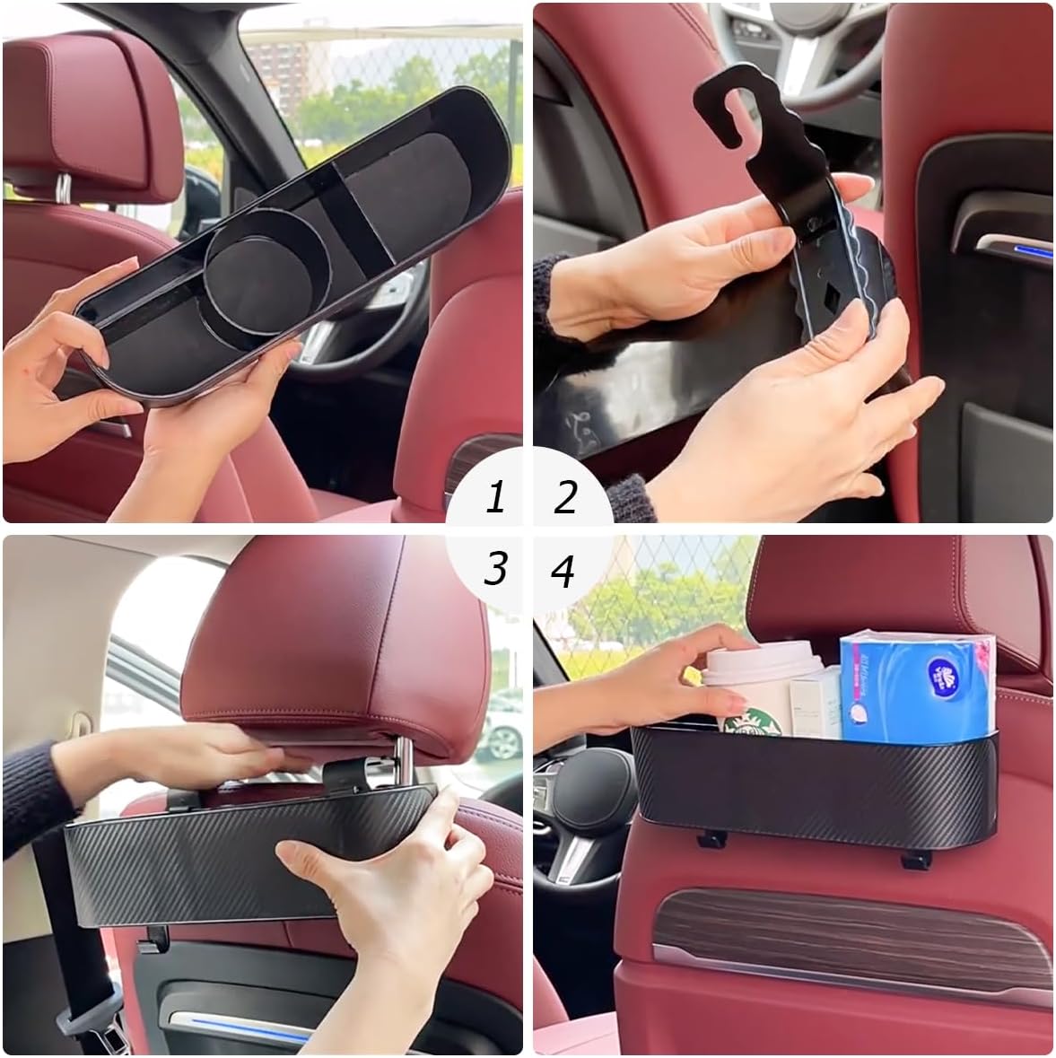 BELOMI 2PCS Car Headrest Backseat Organizer with Cup Holder, Seat Back Hanging Storage Box with Hooks, Multi-Functional Drink Pocket Food Snack Phone Tray for Kids, Car Travel Accessories(Black/2PCS)
