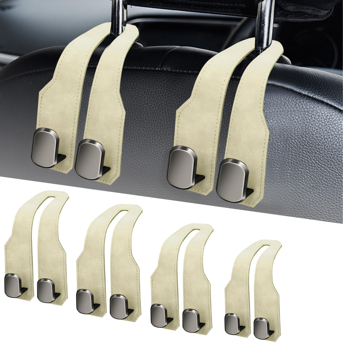 Car Purse Hook, Car Seat Headrest Hooks, Grey Leather 2 Pack