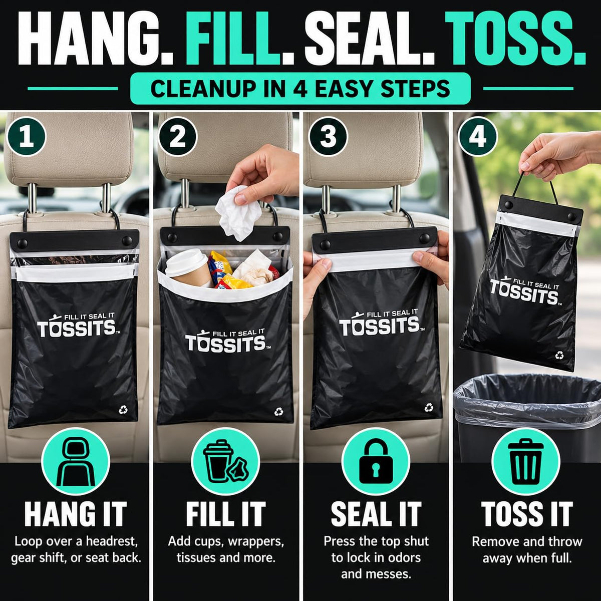 Tossits Hanging Car Trash & Garbage Bags, Disposable, Black 7 Count