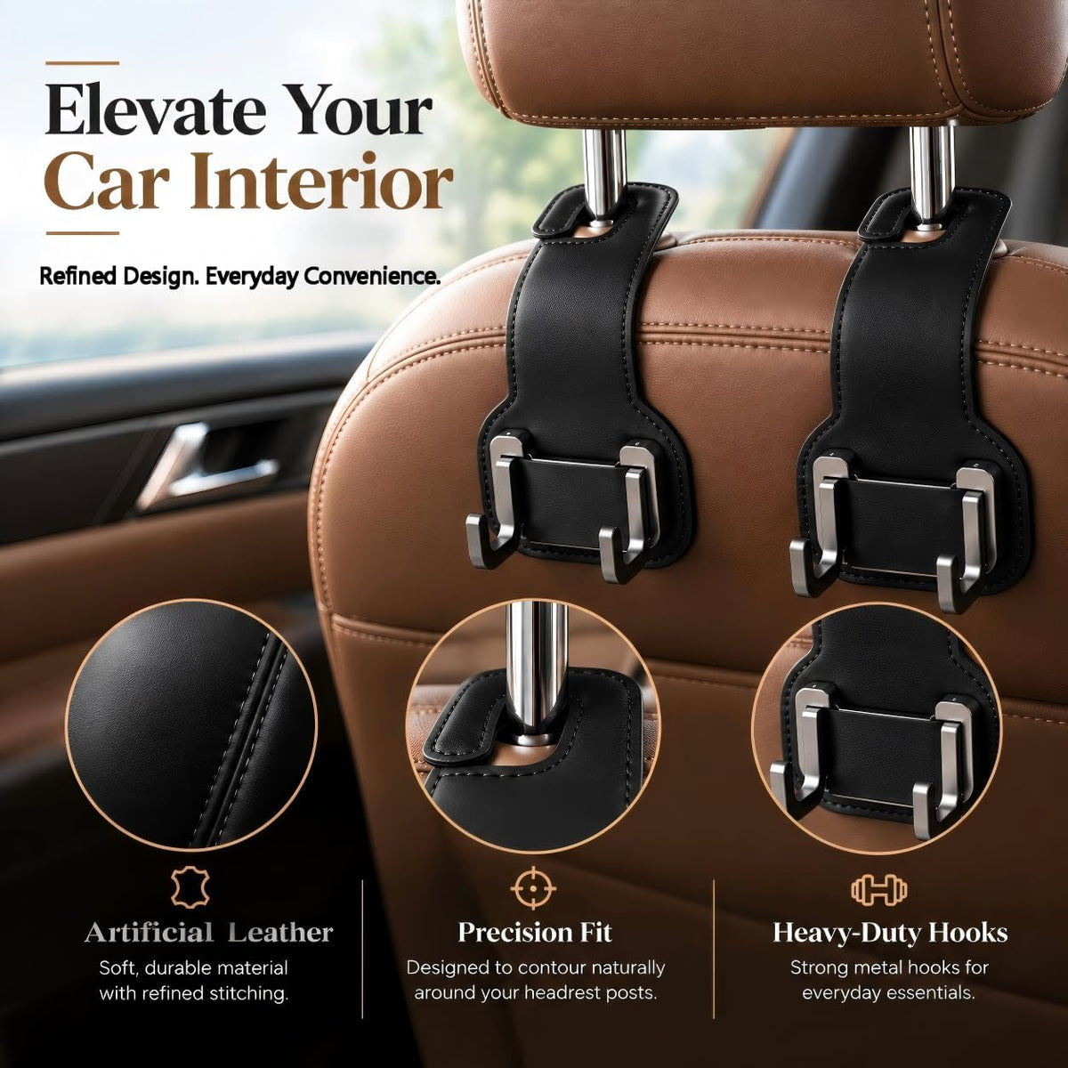 Headrest Hooks for Car, Car Seat Back Organizer Storage Hook, 2 Pack, Black