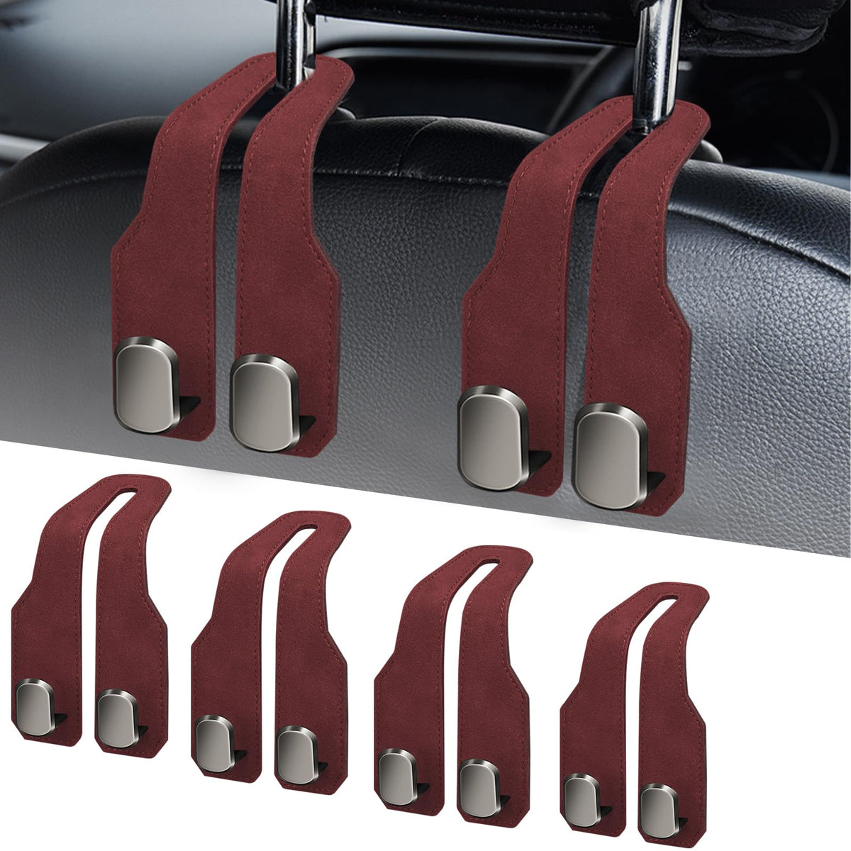 Car Purse Hook, Car Seat Headrest Hooks, Grey Leather 2 Pack