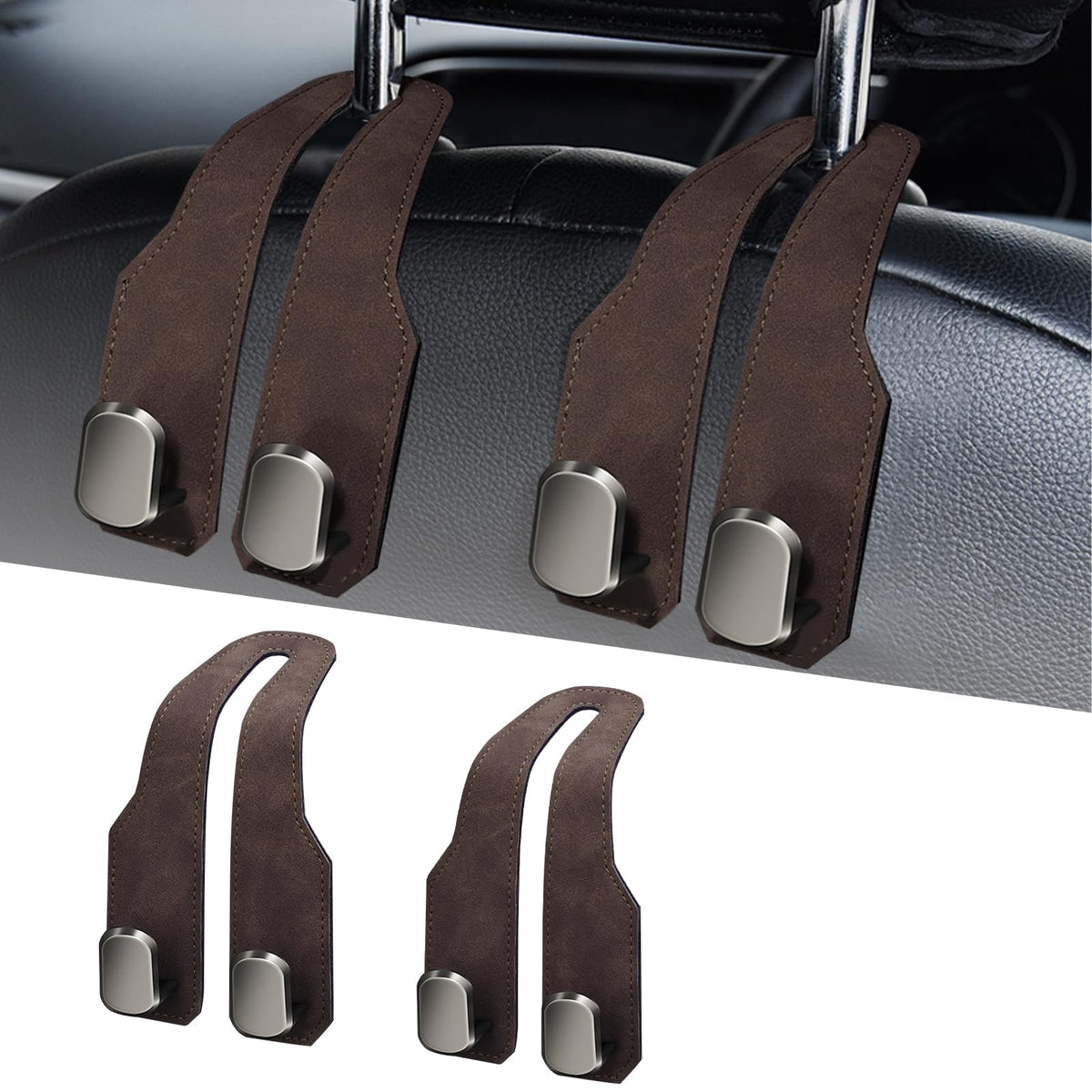 Car Purse Hook, Car Seat Headrest Hooks, Grey Leather 2 Pack