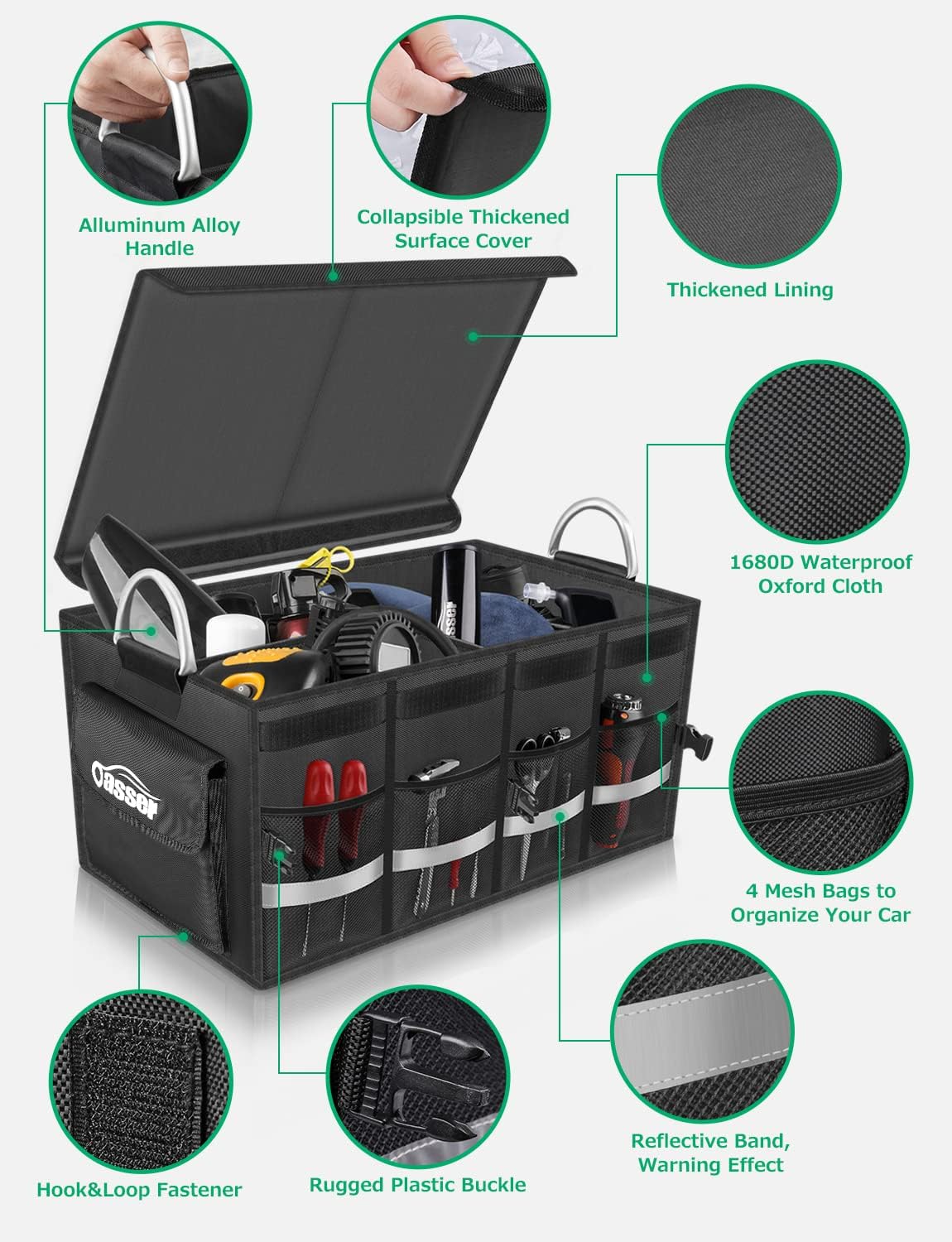 Oasser Trunk Organizer with Sturdy Hard Lid, Large, Black