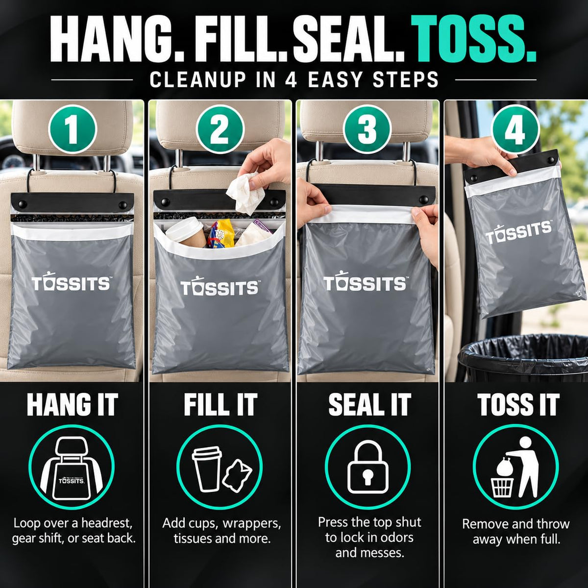 Tossits Hanging Car Trash & Garbage Bags, Disposable, Gray 7 Count