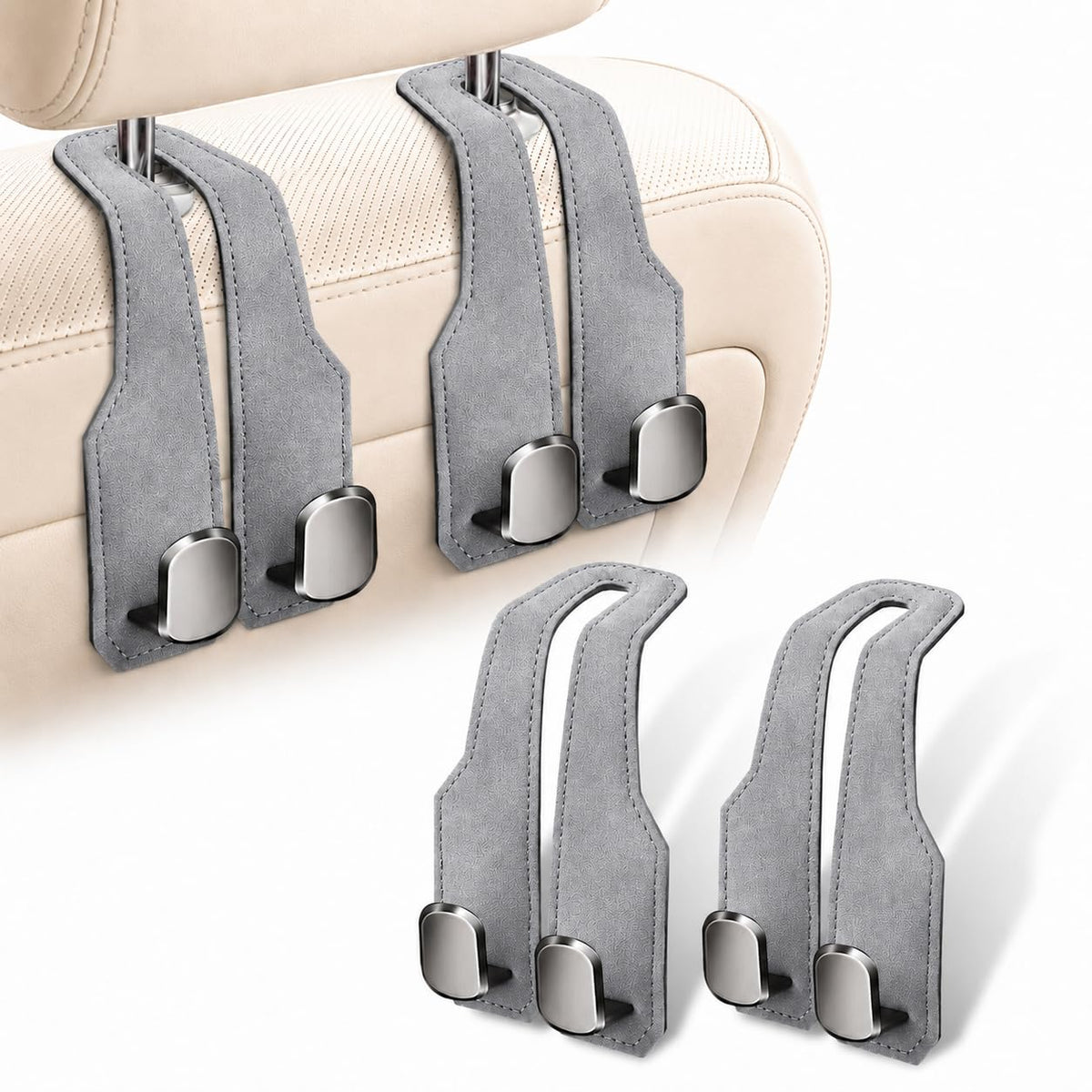 2 Pack Car Headrest Hooks, Dual Metal Hooks, Stylish Black