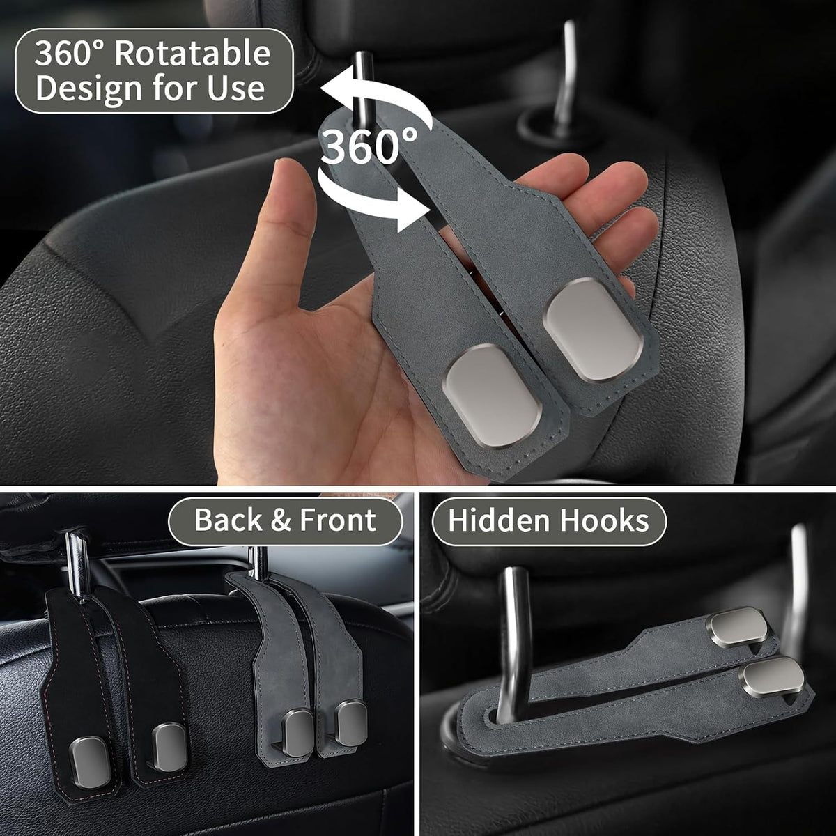 Car Purse Hook, Car Seat Headrest Hooks, Grey Leather 2 Pack