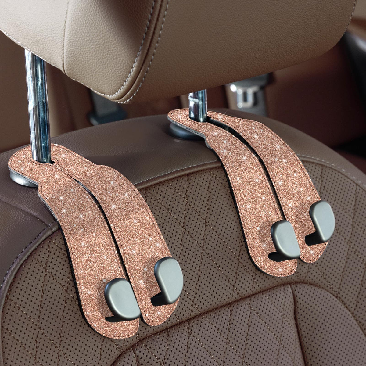 CoBak Purse Hook for Car - Universal Premium Stitched Leather and Aluminum-Magnesium Alloy Double Car Seat Back Storage Hook for Purses, Handbags, Bags (2 Pack),Beige