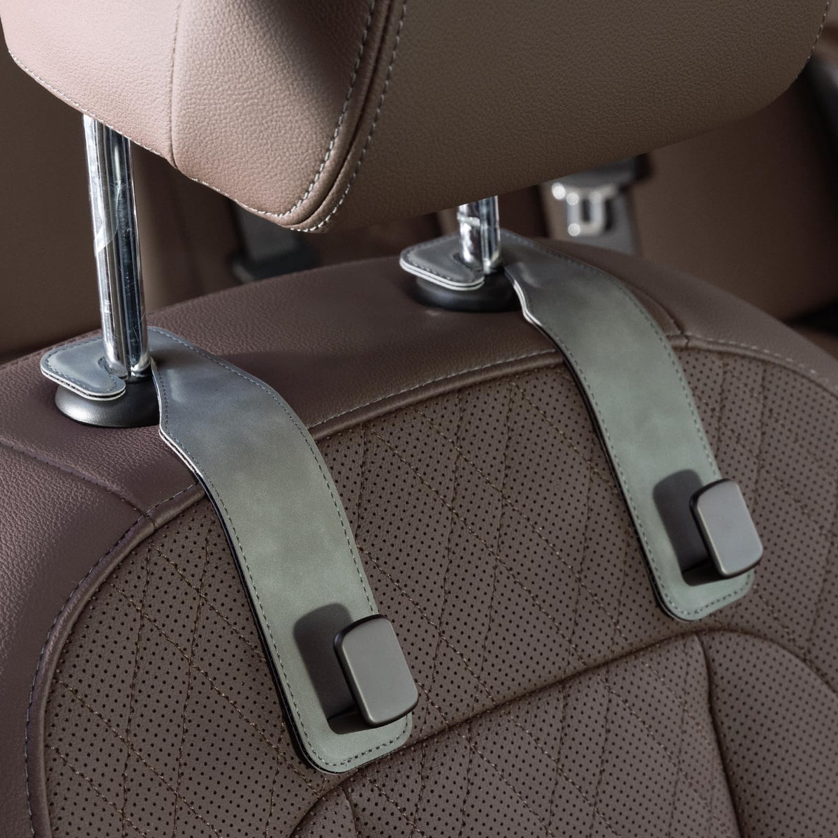 CoBak Purse Hook for Car - Universal Premium Stitched Leather and Aluminum-Magnesium Alloy Double Car Seat Back Storage Hook for Purses, Handbags, Bags (2 Pack),Beige