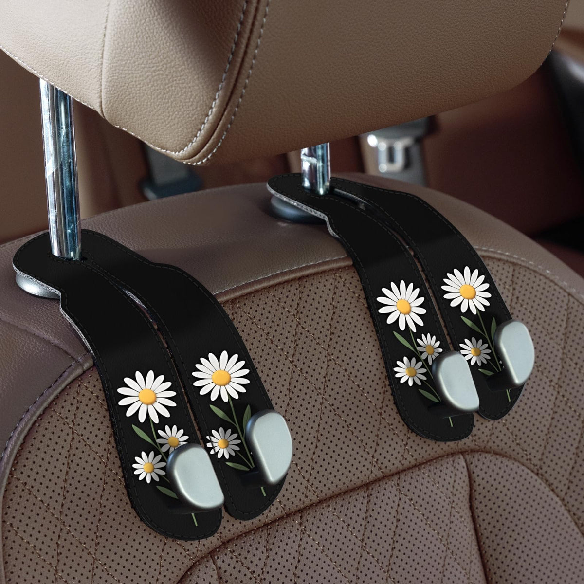 CoBak Purse Hook for Car - Universal Premium Stitched Leather and Aluminum-Magnesium Alloy Double Car Seat Back Storage Hook for Purses, Handbags, Bags (2 Pack),Beige