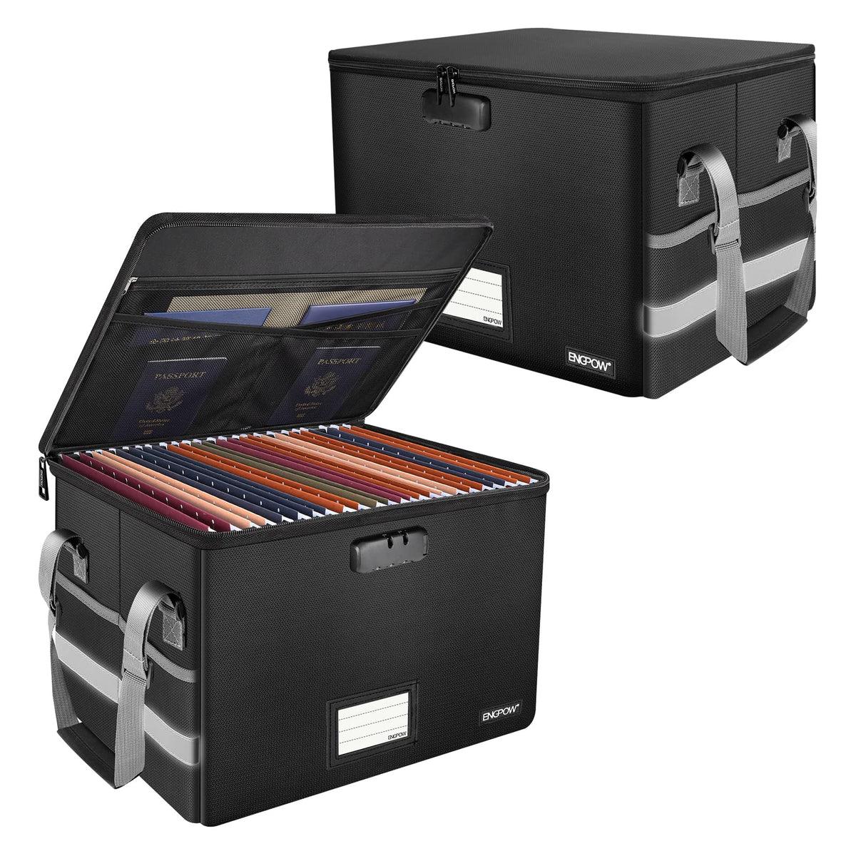 ENGPOW File Box with Lock,Fireproof Document Box with Zipper&Pockets,Collapsible File Organizer Filing Storage Cabinet with Handle,Portable Home Office Safe for Hanging Letter/Legal Folder,Black
