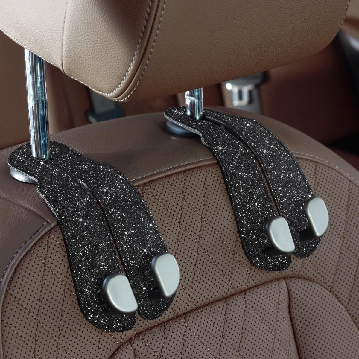 CoBak Purse Hook for Car - Universal Premium Stitched Leather and Aluminum-Magnesium Alloy Double Car Seat Back Storage Hook for Purses, Handbags, Bags (2 Pack),Beige