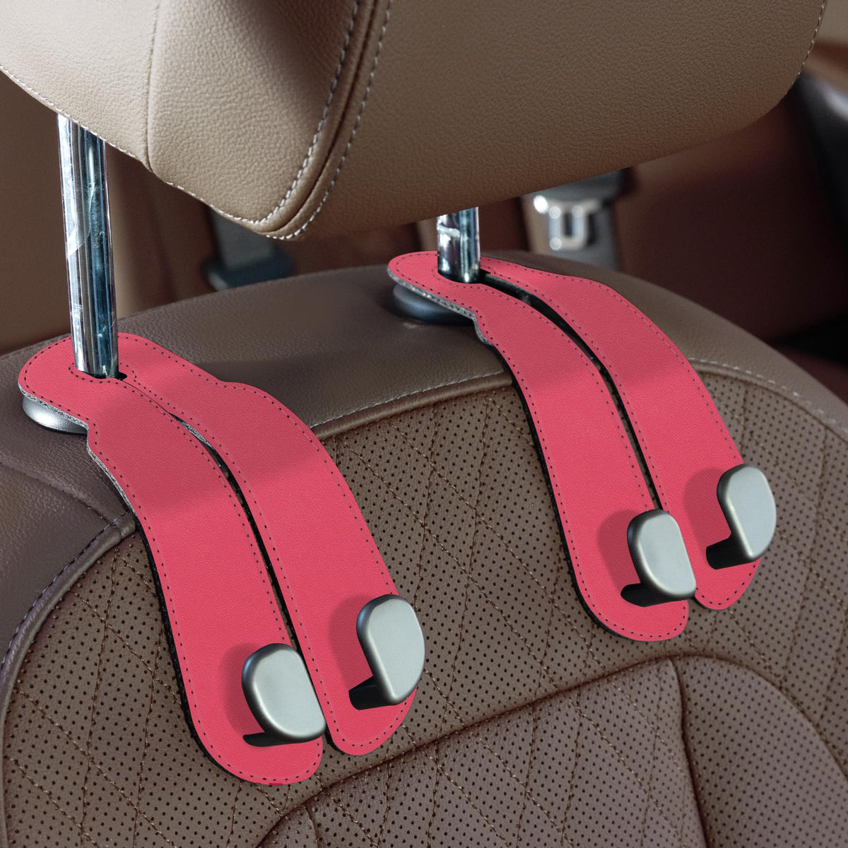 CoBak Purse Hook for Car - Universal Premium Stitched Leather and Aluminum-Magnesium Alloy Double Car Seat Back Storage Hook for Purses, Handbags, Bags (2 Pack),Beige