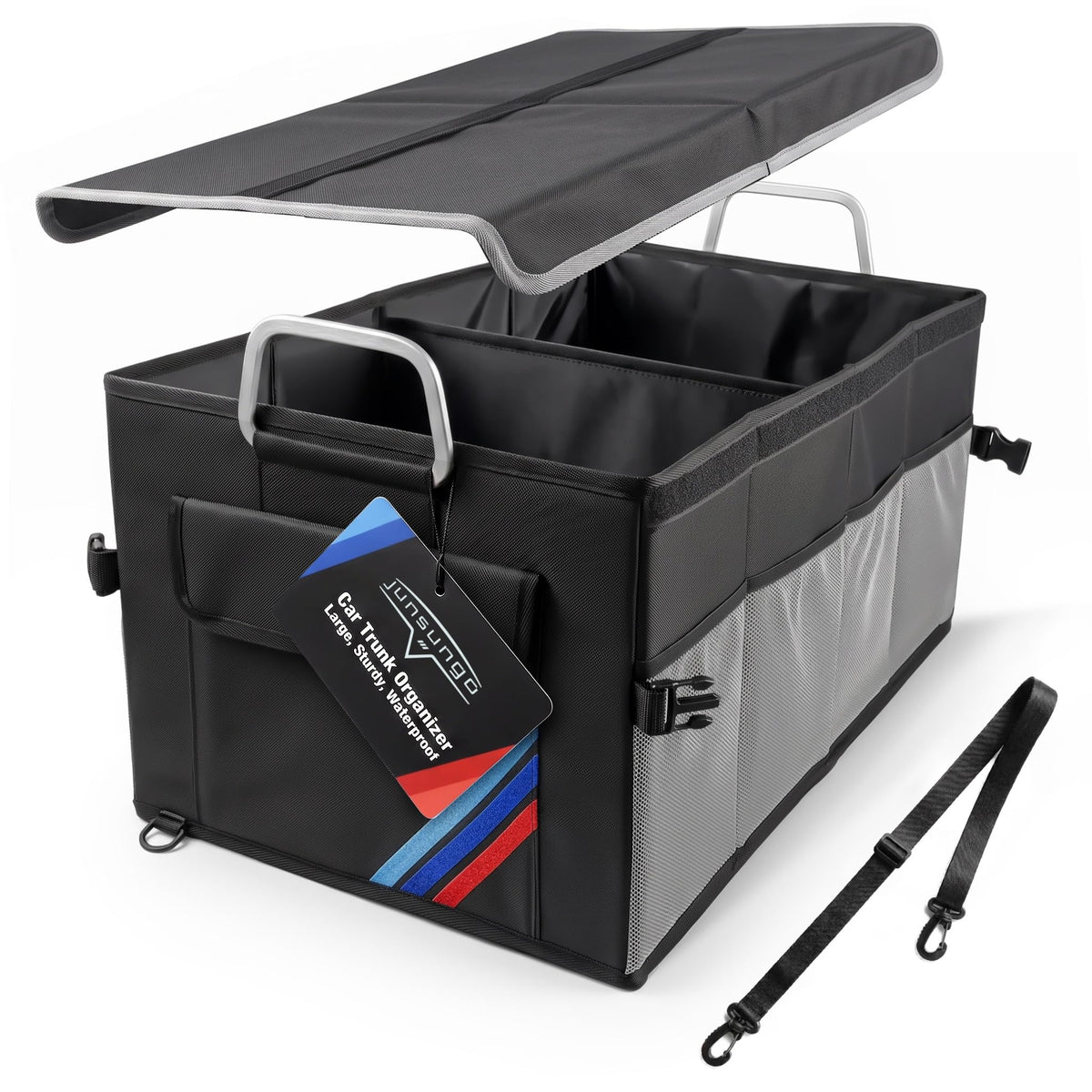 XL Car Trunk Organizer, 4 Compartments, 94L Capacity, Oxford Polyester 600D Material, Easy Fold and Store, Prevents Sliding