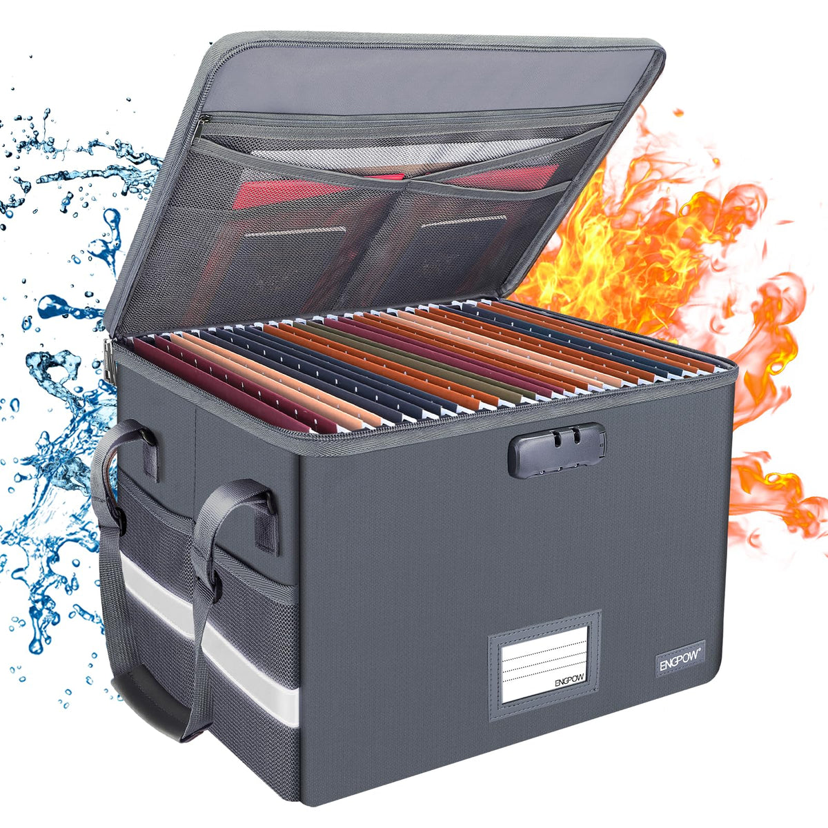 ENGPOW File Box with Lock,Fireproof Document Box with Zipper&Pockets,Collapsible File Organizer Filing Storage Cabinet with Handle,Portable Home Office Safe for Hanging Letter/Legal Folder,Black