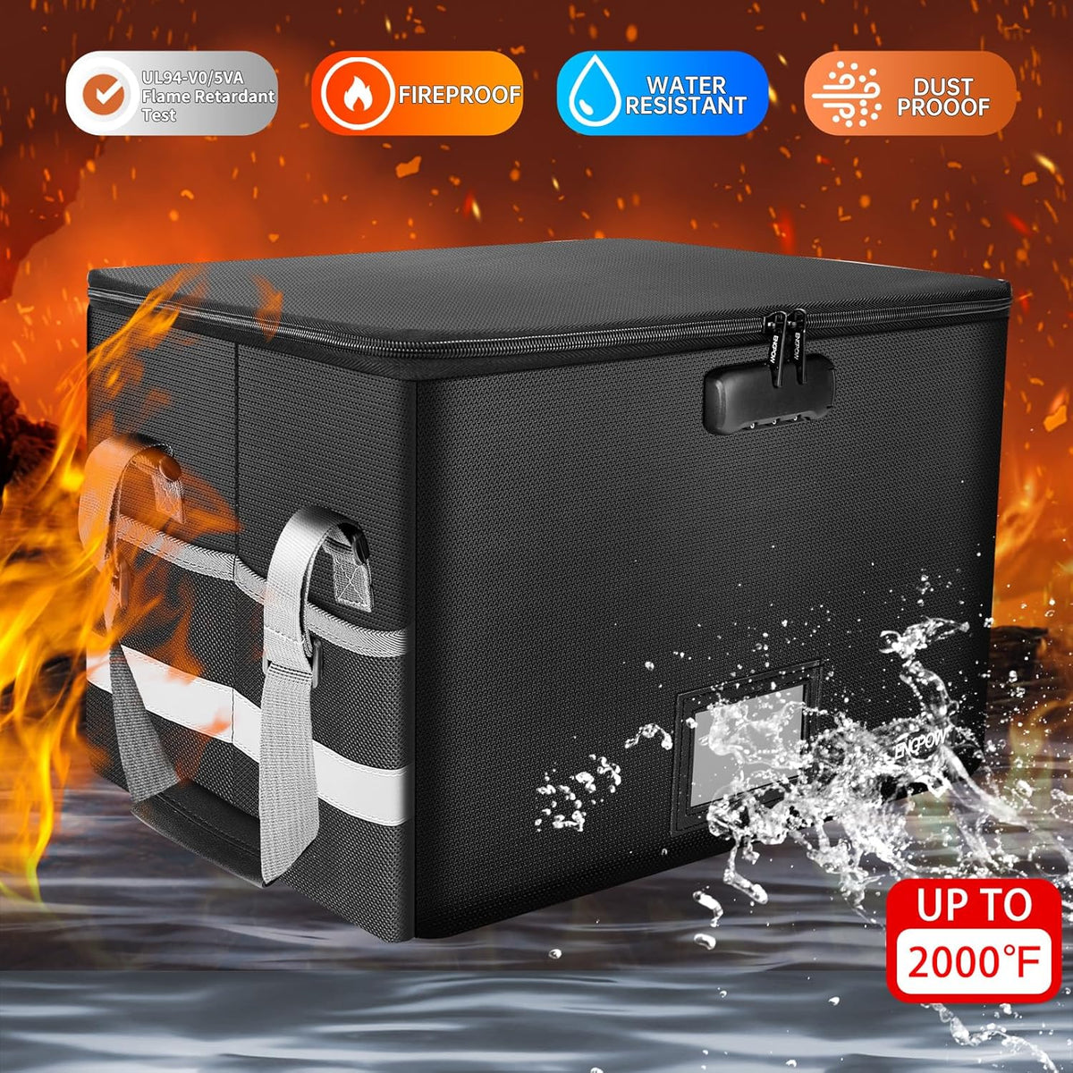 ENGPOW File Box with Lock,Fireproof Document Box with Zipper&Pockets,Collapsible File Organizer Filing Storage Cabinet with Handle,Portable Home Office Safe for Hanging Letter/Legal Folder,Black