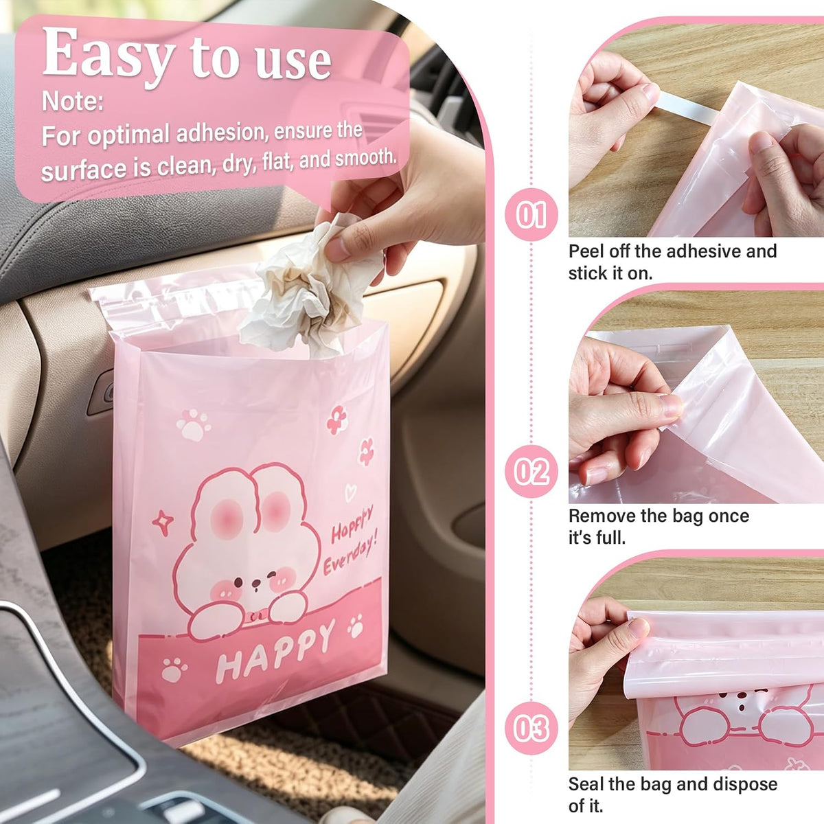 60 Pcs Car Trash Bags Easy Stick-On Disposable Portable Car Garbage Bags Suitable for Cars, Camping, Travel, Kitchens, Bedrooms, Study Rooms, Office Spaces