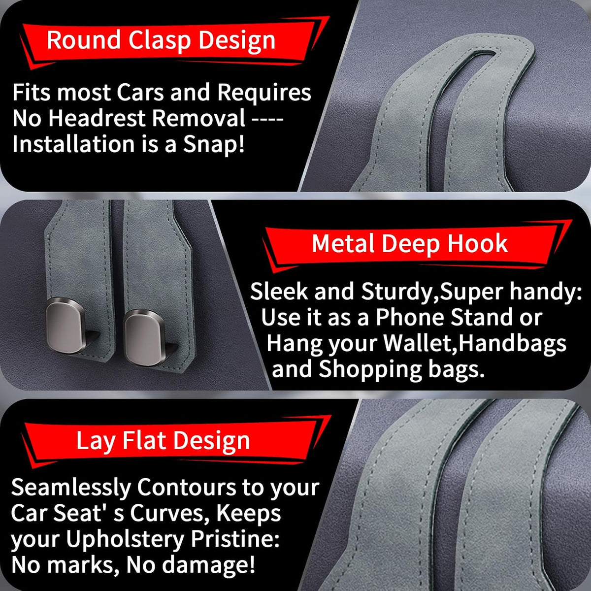 Car Purse Hook, Car Seat Headrest Hooks, Grey Leather 2 Pack