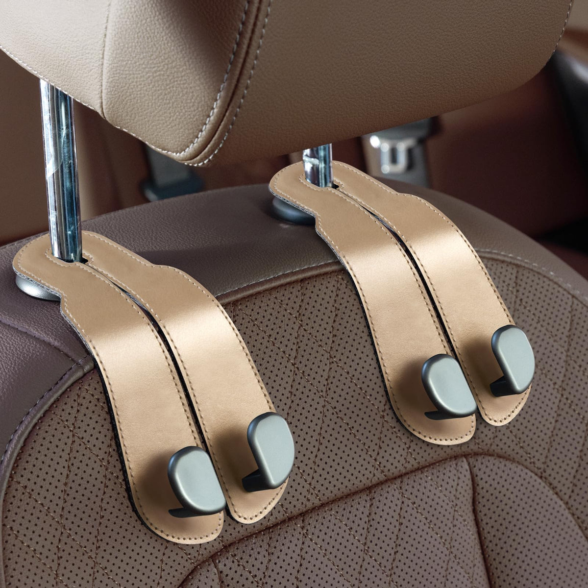 CoBak Purse Hook for Car - Universal Premium Stitched Leather and Aluminum-Magnesium Alloy Double Car Seat Back Storage Hook for Purses, Handbags, Bags (2 Pack),Beige