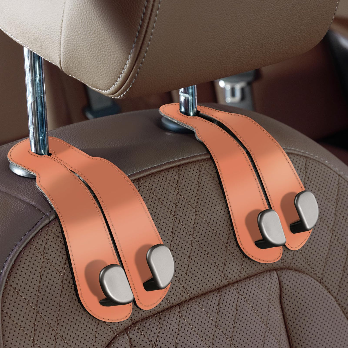 CoBak Purse Hook for Car - Universal Premium Stitched Leather and Aluminum-Magnesium Alloy Double Car Seat Back Storage Hook for Purses, Handbags, Bags (2 Pack),Beige