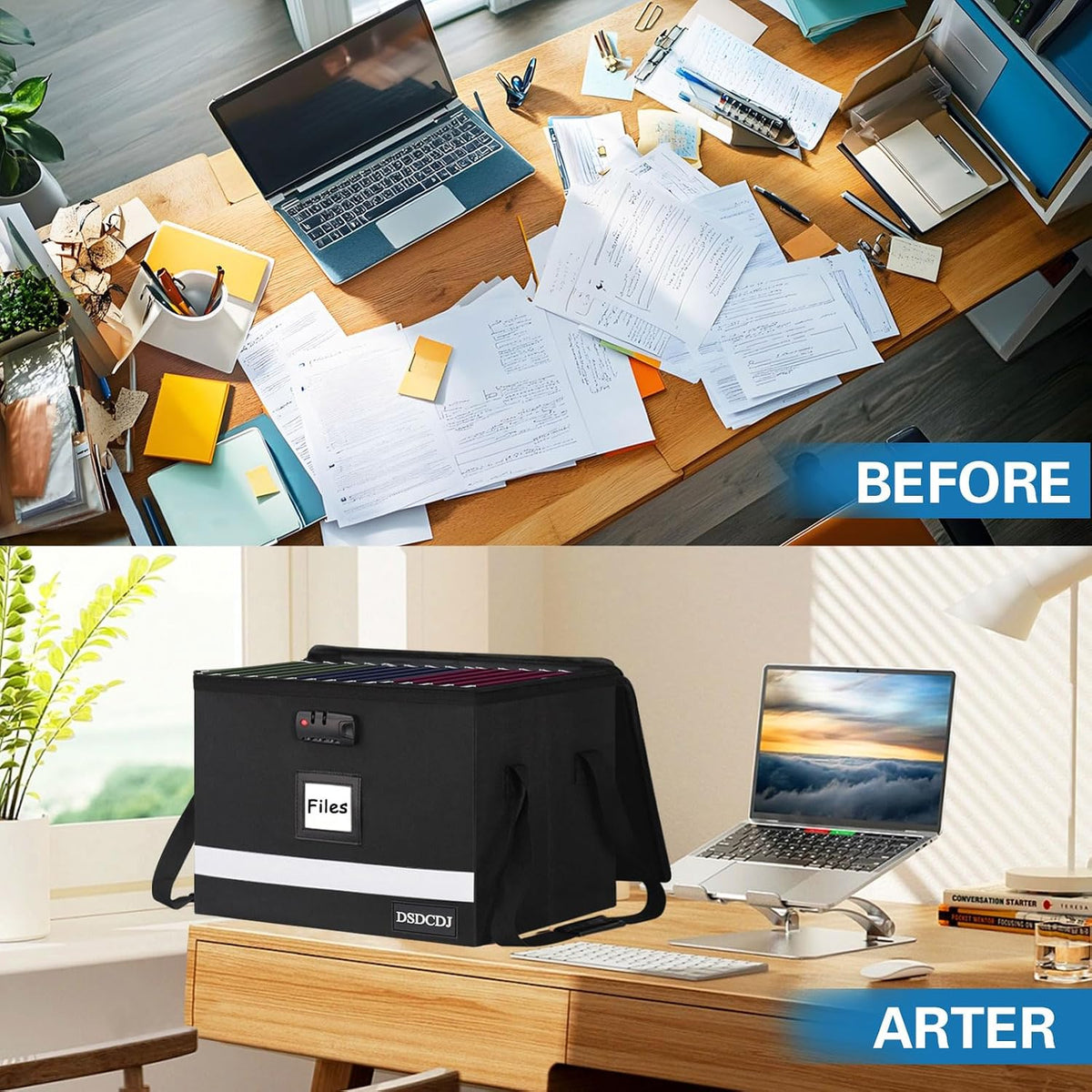 File Box with Lock - Portable File Organizer Box with Handle, Sturdy Important Document Organizer with Label, Slide, Reflective Strip for Hanging Letter/Legal Folder