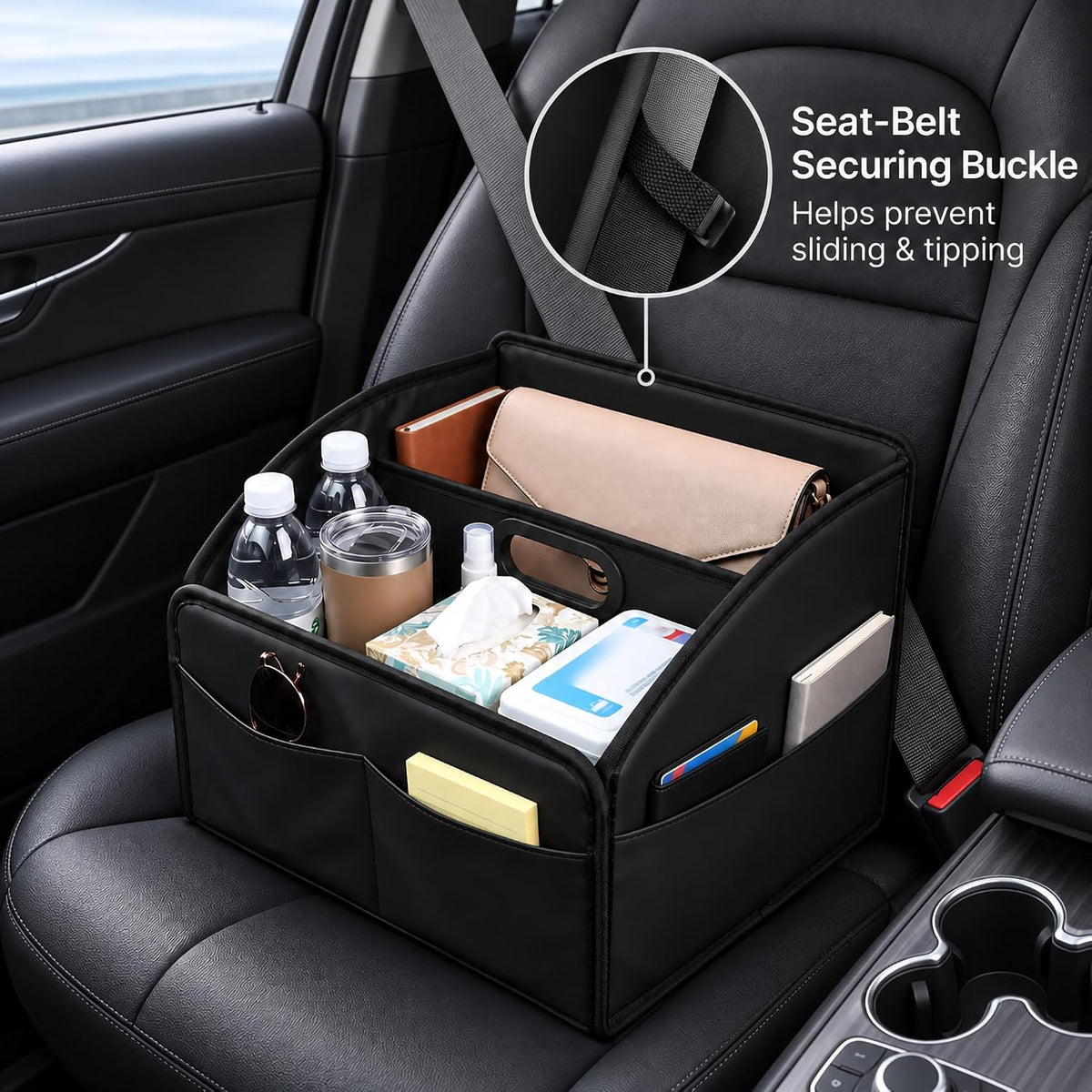 Car Storage Organizer, Leather Front & Back Seat Caddy Black