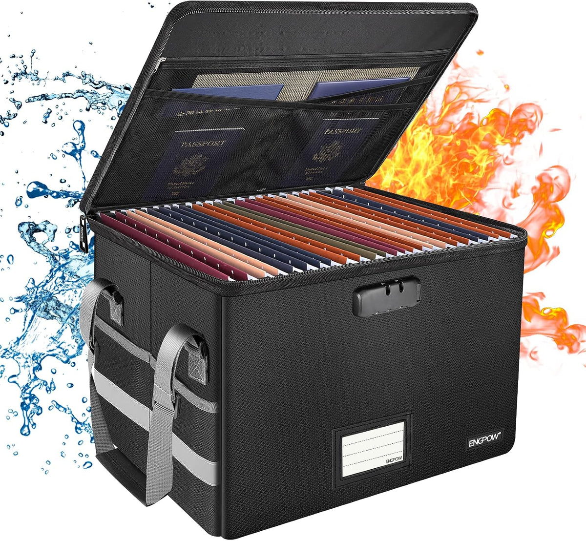 ENGPOW File Box with Lock,Fireproof Document Box with Zipper&Pockets,Collapsible File Organizer Filing Storage Cabinet with Handle,Portable Home Office Safe for Hanging Letter/Legal Folder,Black