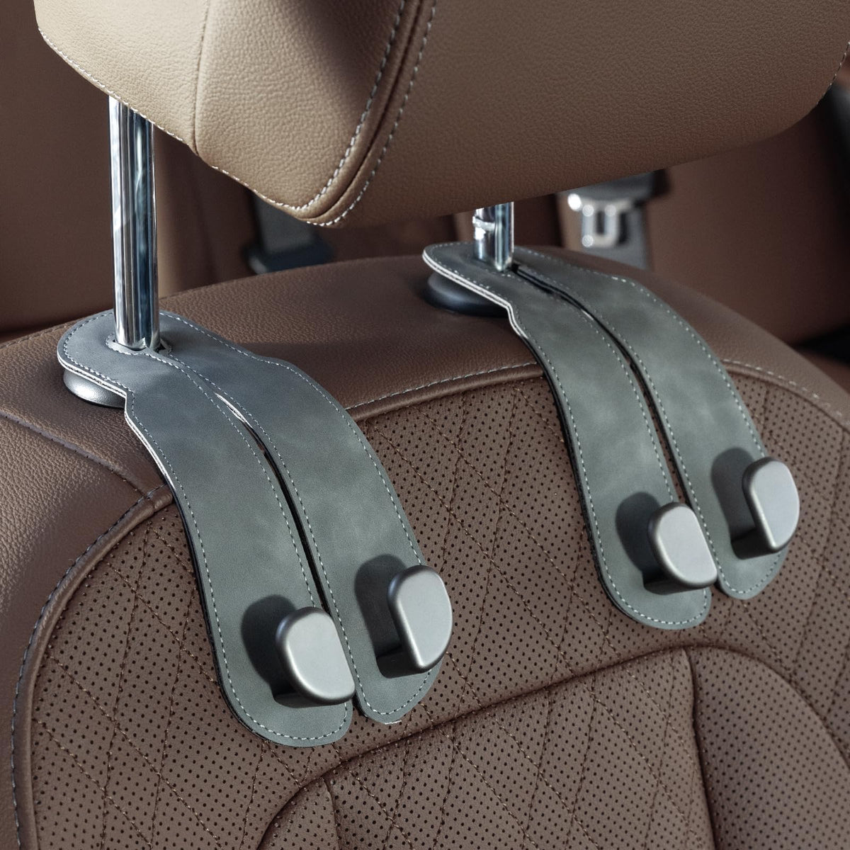 CoBak Purse Hook for Car - Universal Premium Stitched Leather and Aluminum-Magnesium Alloy Double Car Seat Back Storage Hook for Purses, Handbags, Bags (2 Pack),Beige