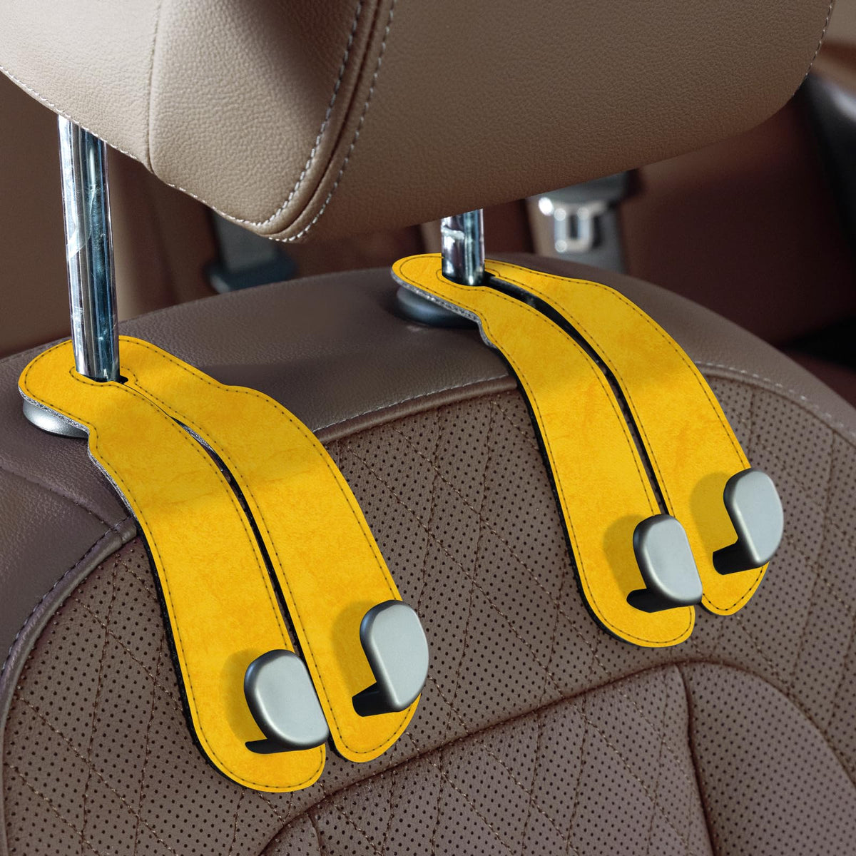 CoBak Purse Hook for Car - Universal Premium Stitched Leather and Aluminum-Magnesium Alloy Double Car Seat Back Storage Hook for Purses, Handbags, Bags (2 Pack),Beige