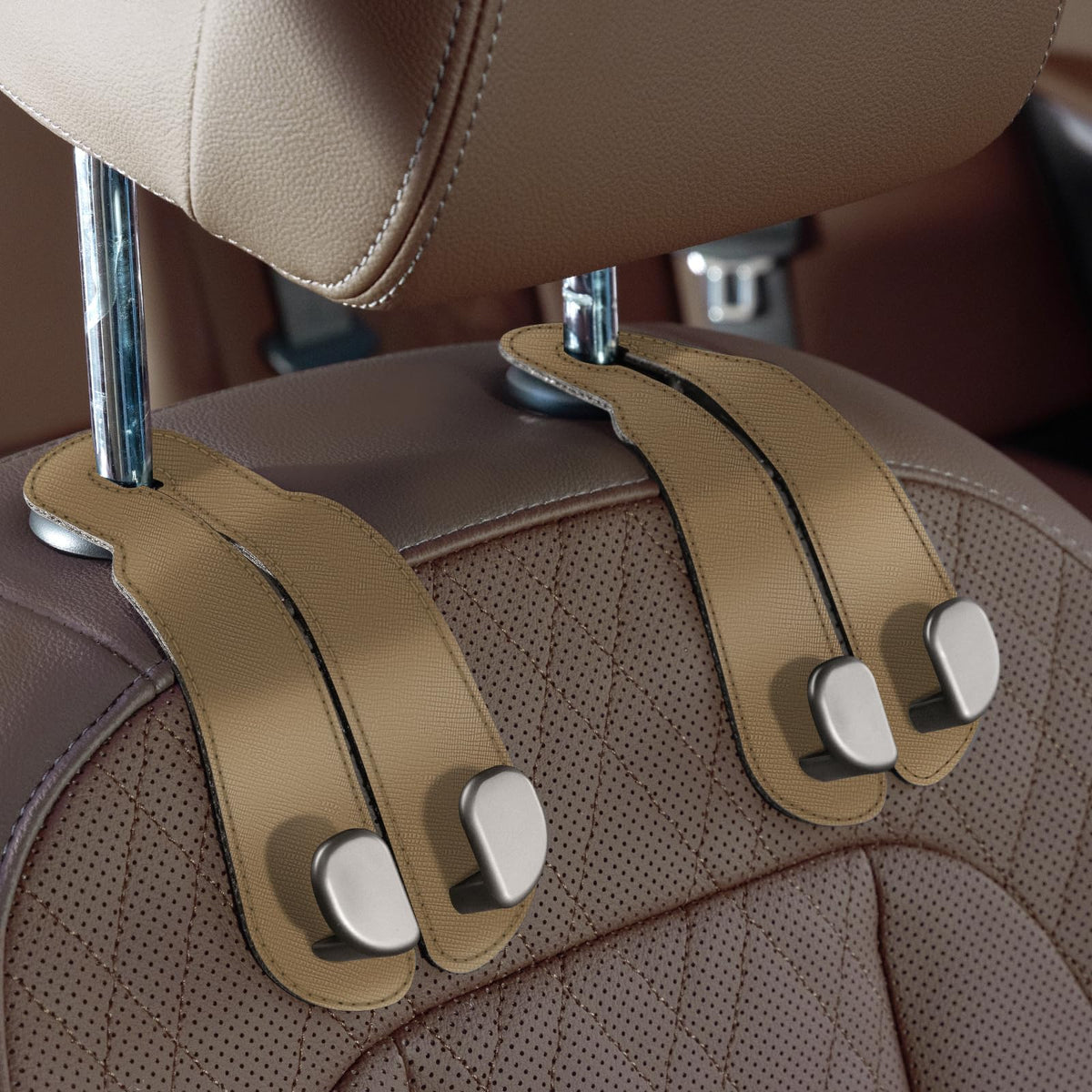 CoBak Purse Hook for Car - Universal Premium Stitched Leather and Aluminum-Magnesium Alloy Double Car Seat Back Storage Hook for Purses, Handbags, Bags (2 Pack),Beige