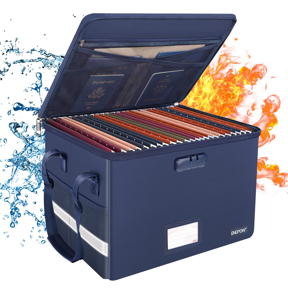 ENGPOW File Box with Lock,Fireproof Document Box with Zipper&Pockets,Collapsible File Organizer Filing Storage Cabinet with Handle,Portable Home Office Safe for Hanging Letter/Legal Folder,Black
