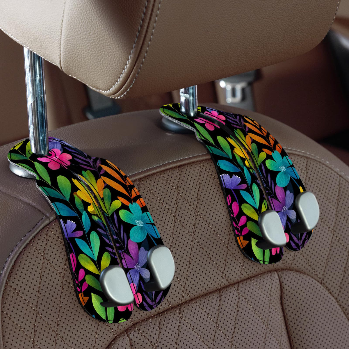 CoBak Purse Hook for Car - Universal Premium Stitched Leather and Aluminum-Magnesium Alloy Double Car Seat Back Storage Hook for Purses, Handbags, Bags (2 Pack),Beige