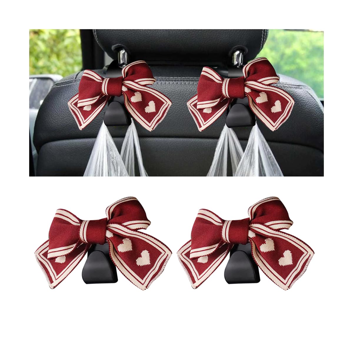 Mandark 2PCS Bow Car Headrest Hooks for Bags, Black Line