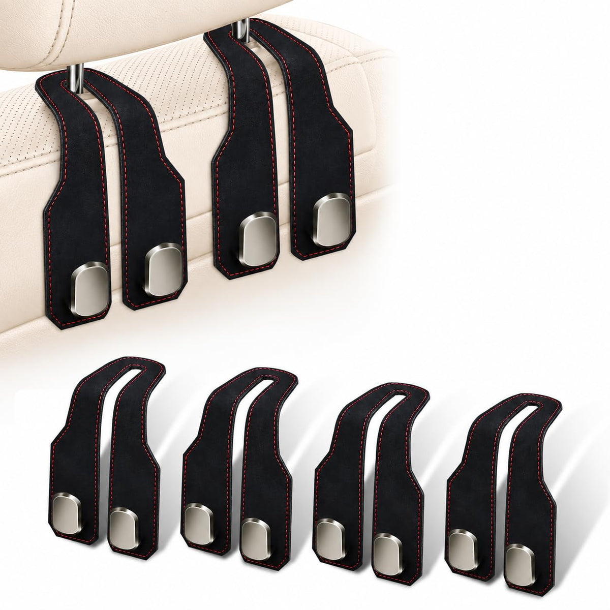 2 Pack Car Headrest Hooks, Dual Metal Hooks, Stylish Black