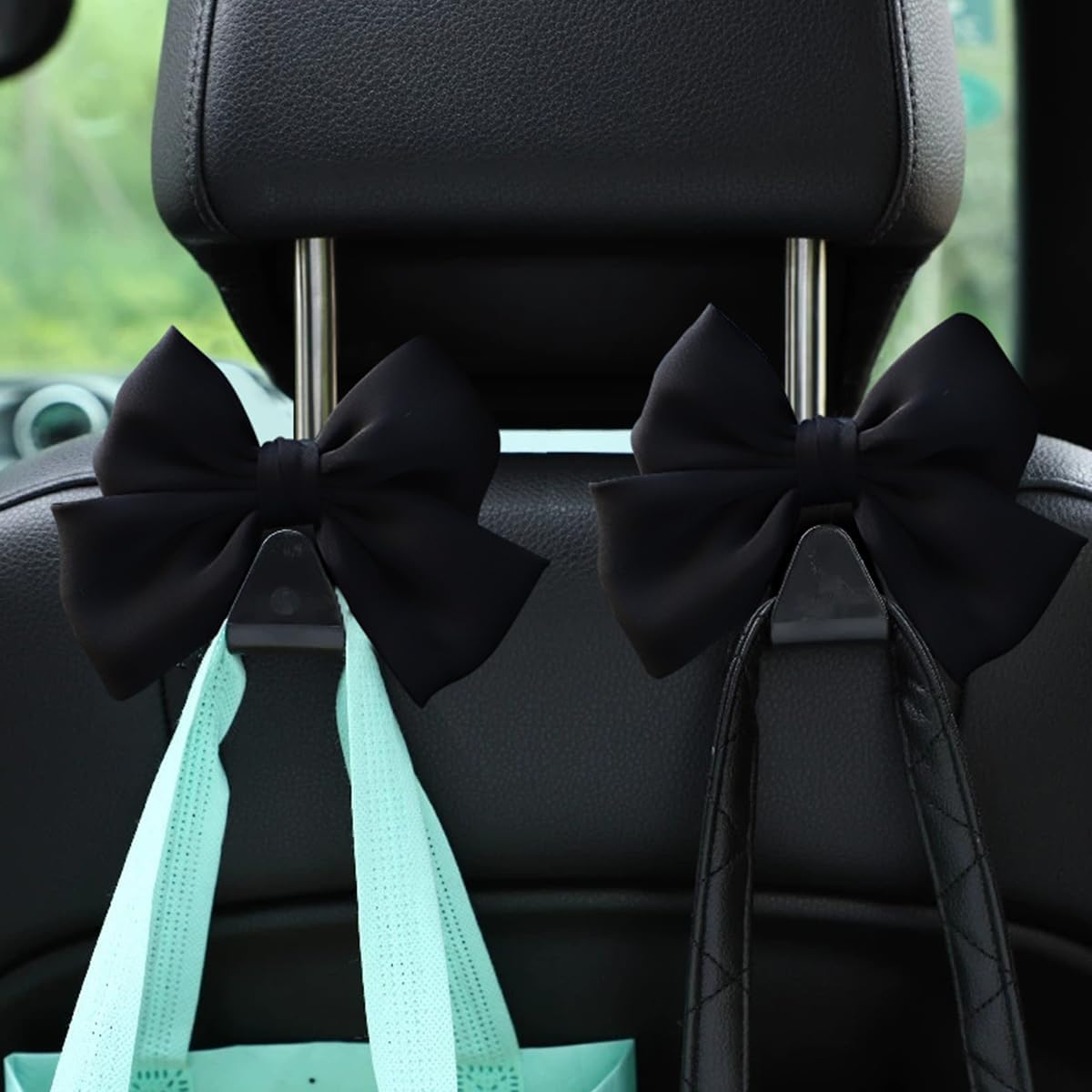 Mandark 2PCS Bow Car Headrest Hooks for Bags, Black Line