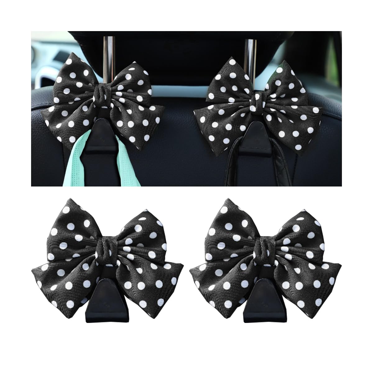 Mandark 2PCS Bow Car Headrest Hooks for Bags, Black Line