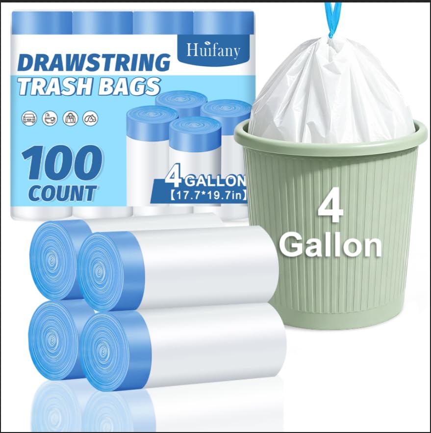 4 Gallon 200 Count Drawstring White Unscented Small Trash Bags