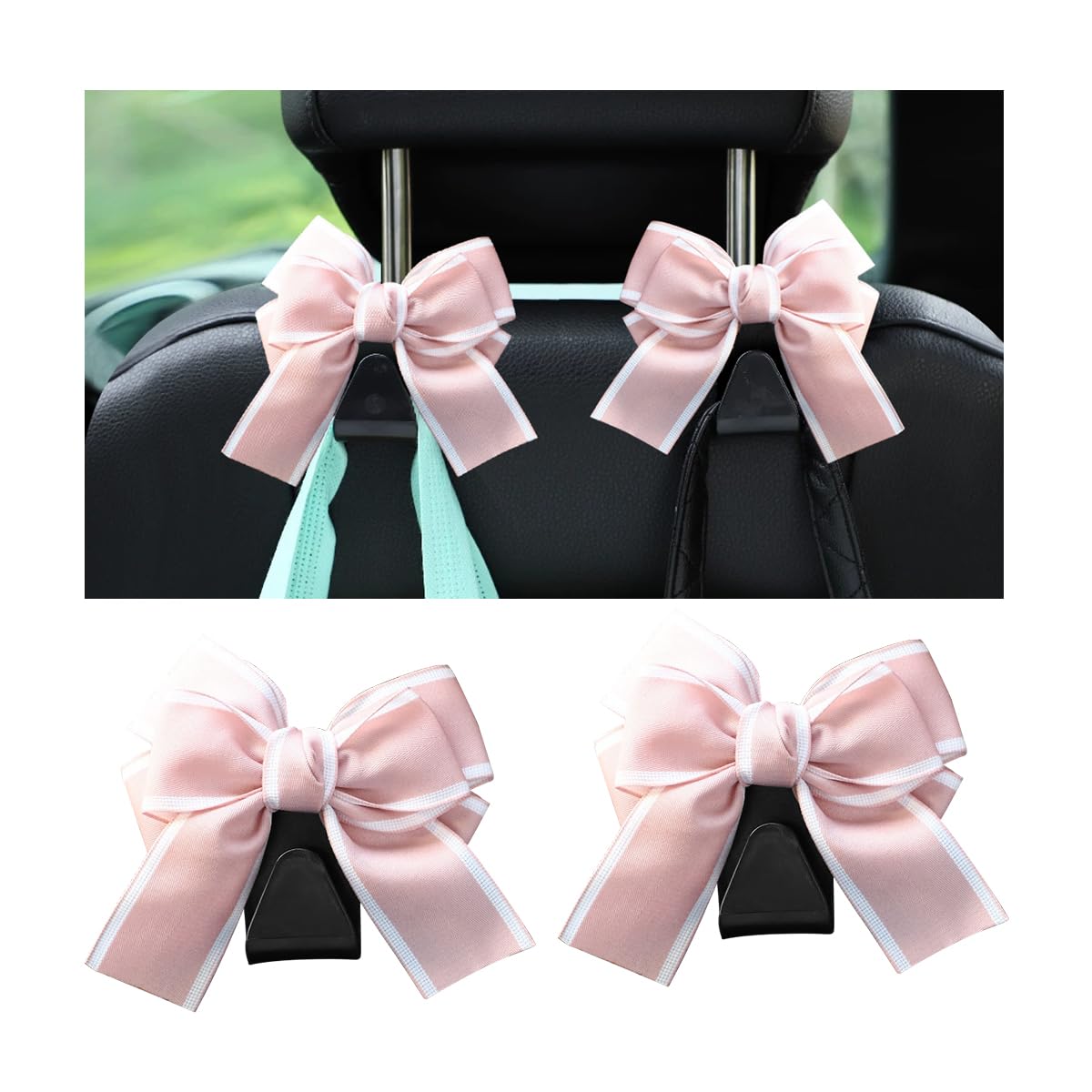 Mandark 2PCS Bow Car Headrest Hooks for Bags, Black Line