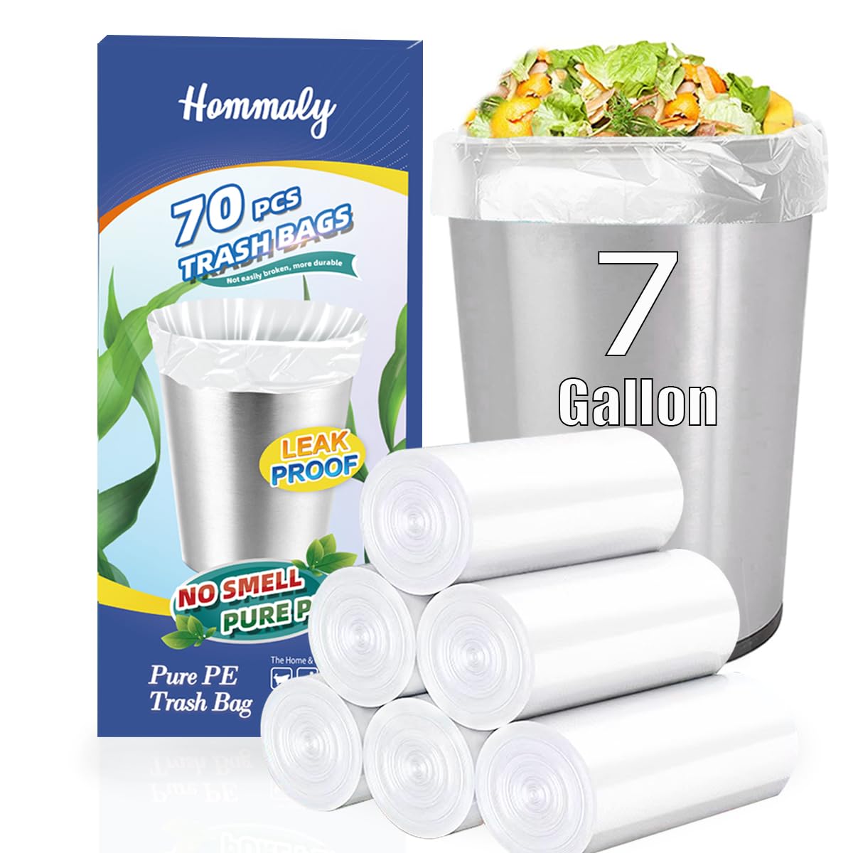Hommaly 2 Gallon (1.8-2 Gal)120 pcs Small Clear Trash Bags, Strong 1.8 Gallon Garbage Bags, Bathroom Trash Can Bin Liners Unscented, Mini Plastic Bags for Office, Waste Basket Liner,Fit 6,7,8 Liters