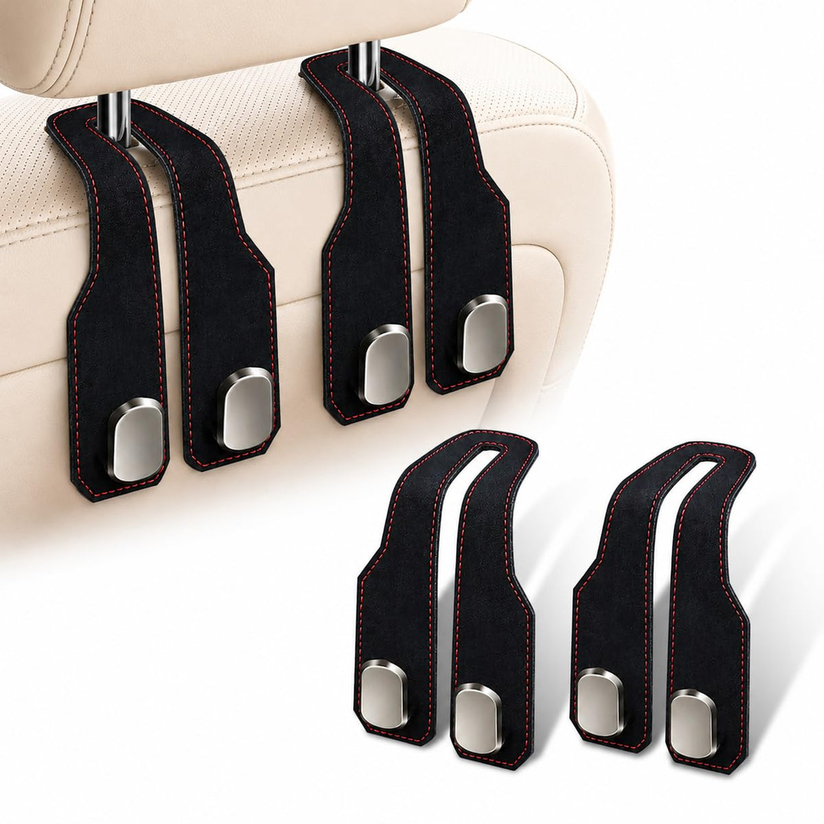 2 Pack Car Headrest Hooks, Dual Metal Hooks, Stylish Black
