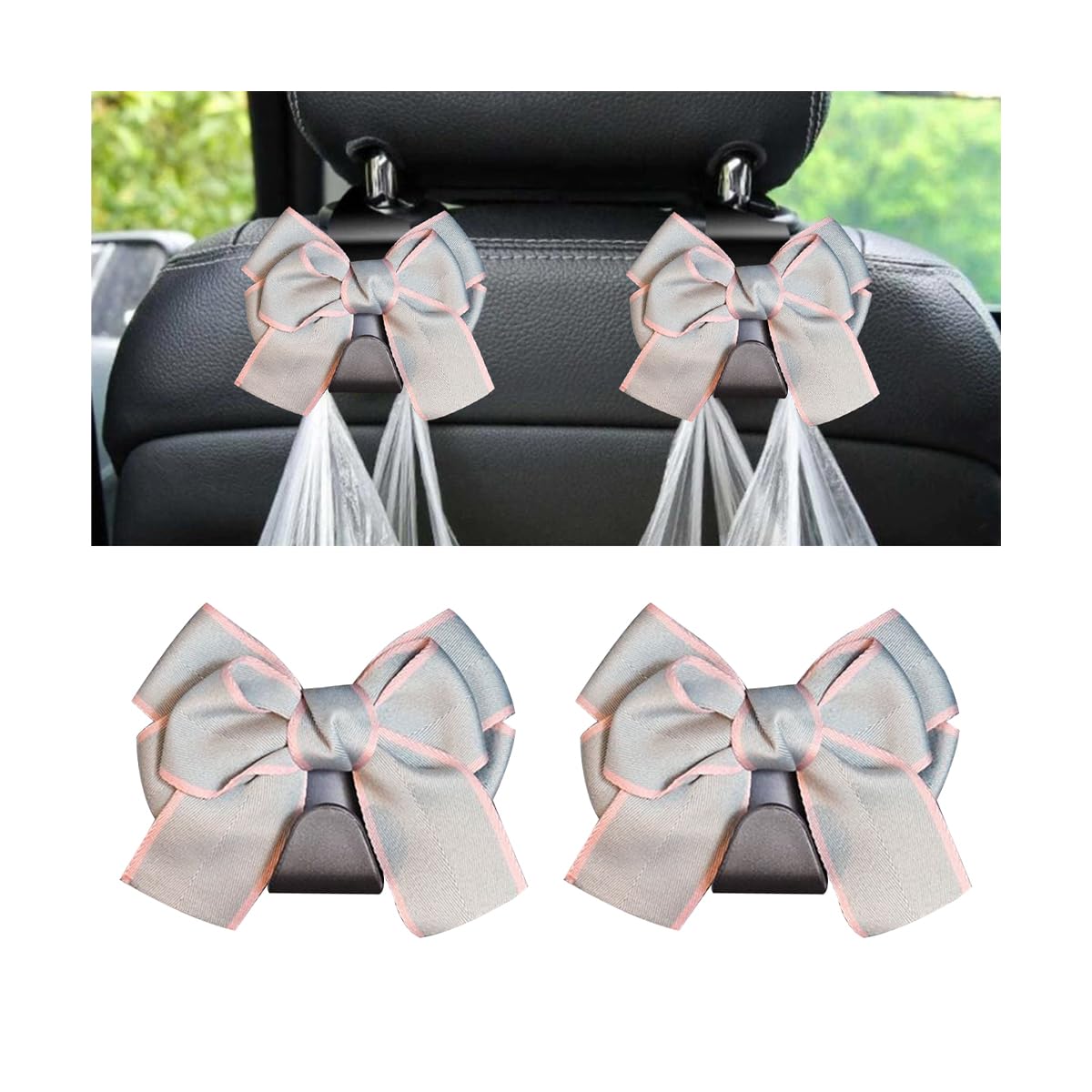 Mandark 2PCS Bow Car Headrest Hooks for Bags, Black Line