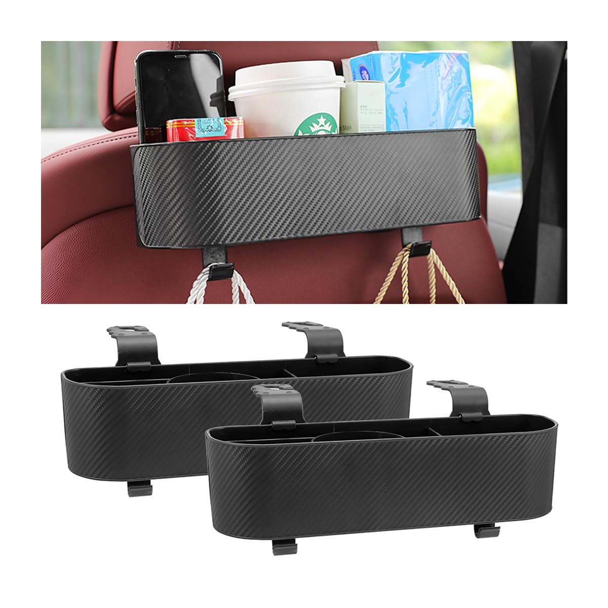 BELOMI 2PCS Car Headrest Backseat Organizer with Cup Holder, Seat Back Hanging Storage Box with Hooks, Multi-Functional Drink Pocket Food Snack Phone Tray for Kids, Car Travel Accessories（Black/2PCS）