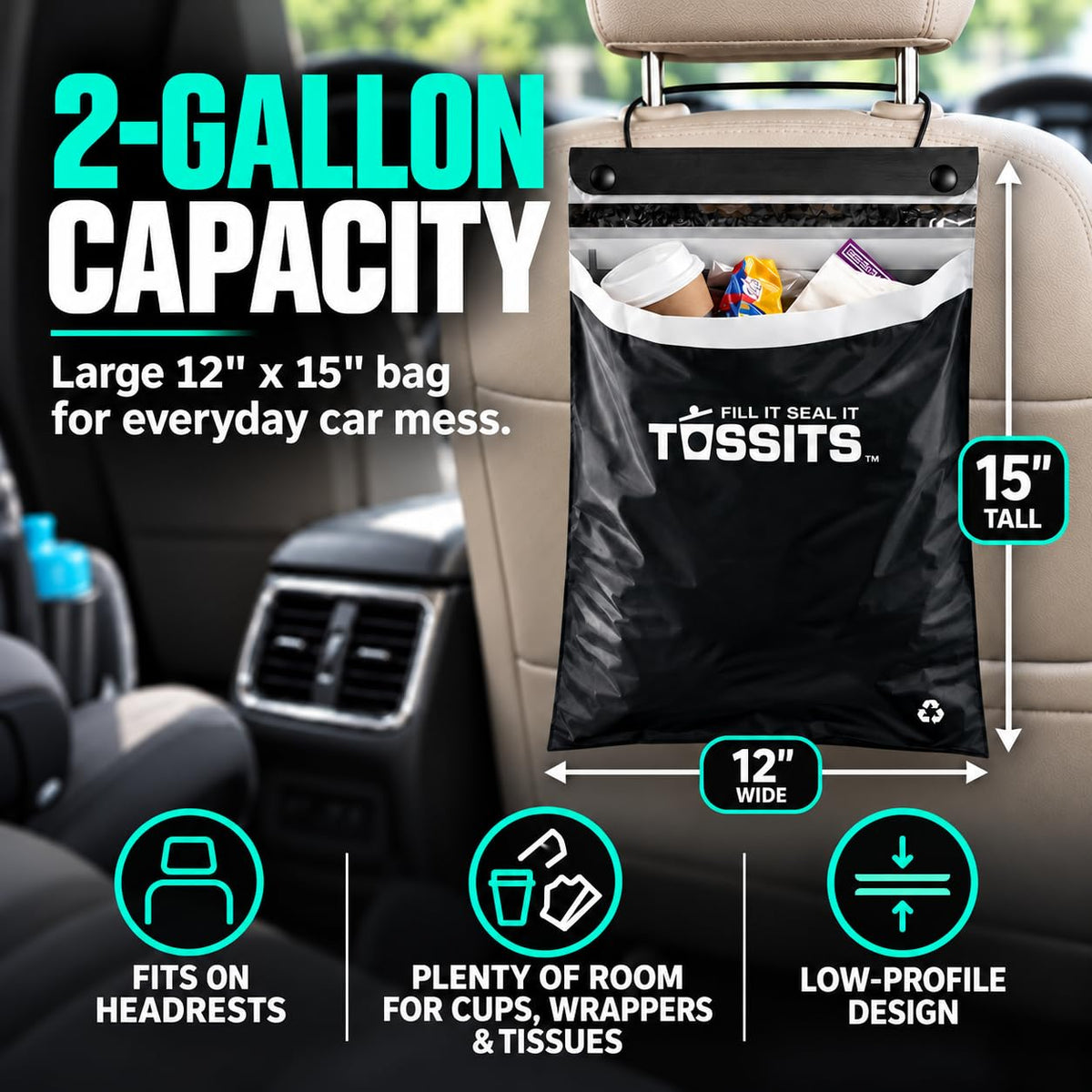 Tossits Hanging Car Trash & Garbage Bags, Disposable, Black 7 Count