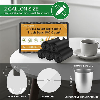 Small Bathroom Trash Bags 2 Gallon - Black Mini Garbage Bags With Handle Biodegradable Compostable 100 Count Kitchen Office Car Little Waste Basket Unscented Tiny Liners Strong Thick Chenyucheng