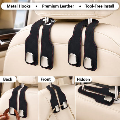 2 Pack Car Headrest Hooks, Dual Metal Hooks, Stylish Black