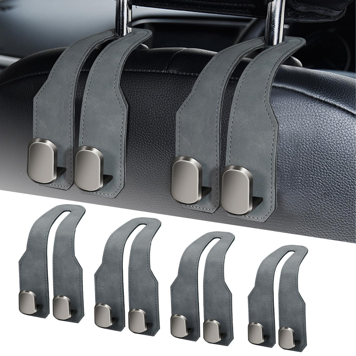 Car Purse Hook, Car Seat Headrest Hooks, Grey Leather 2 Pack